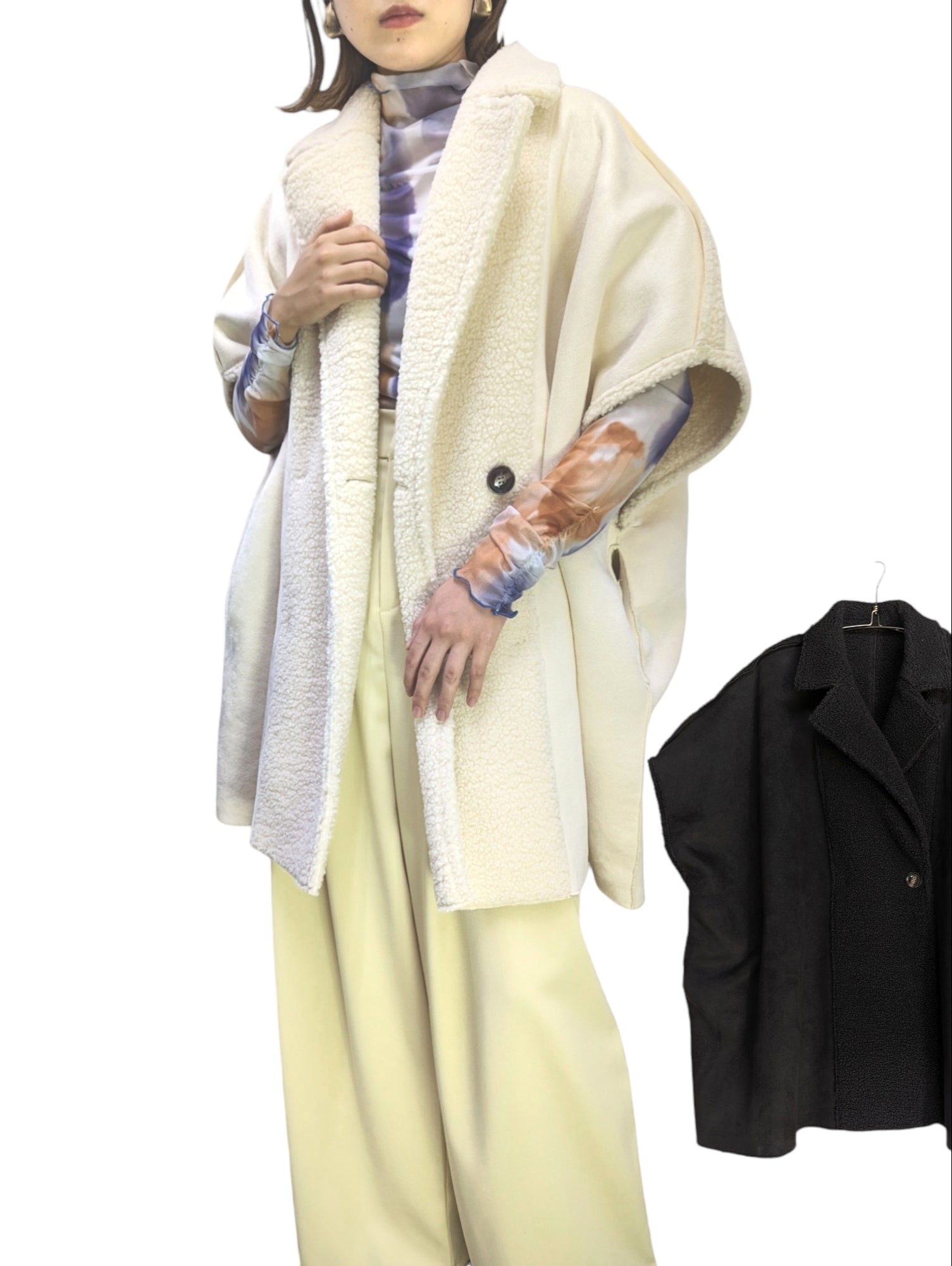 [2 Colors] Mouton & Boa Reversible Poncho Coat
