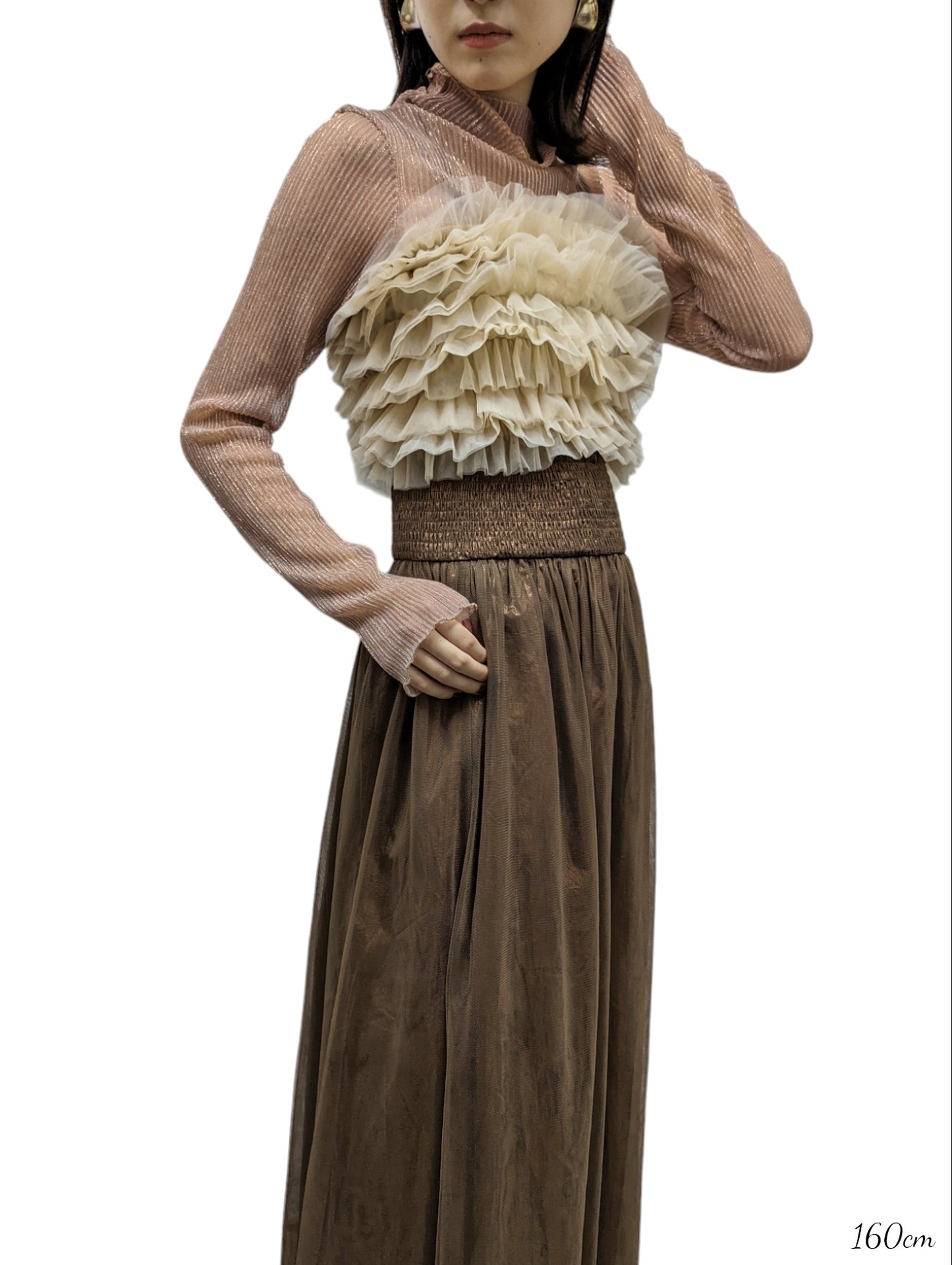 Glitter Pleated Sheer Top-brown