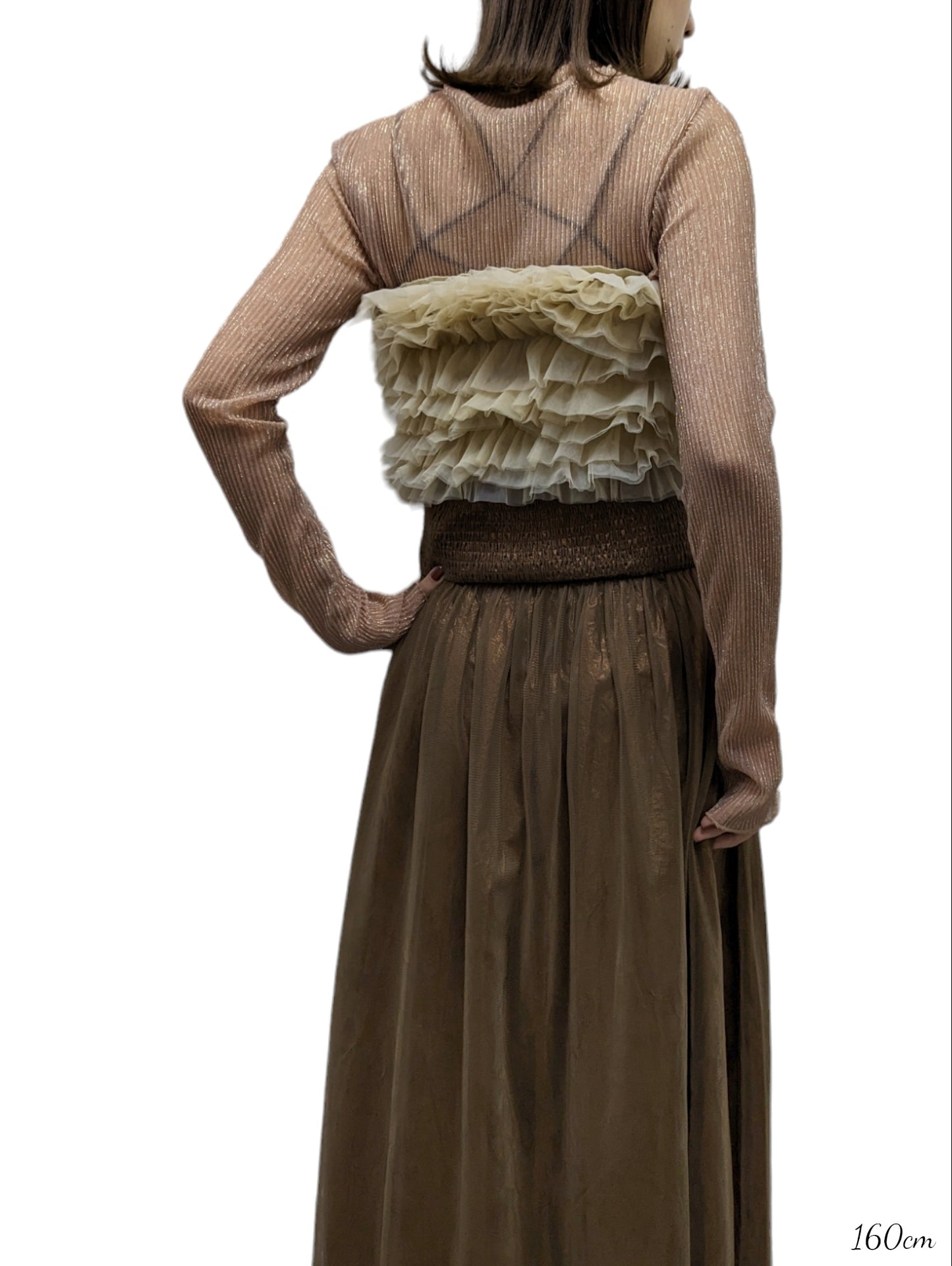 Glitter Pleated Sheer Top-brown