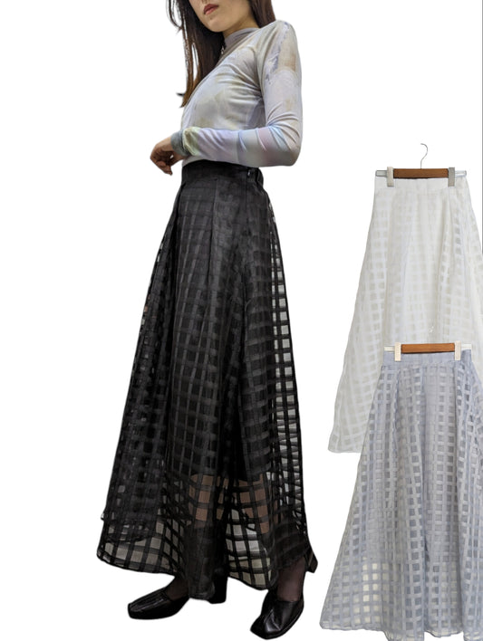 [3 colors] Sheer Check Long Skirt