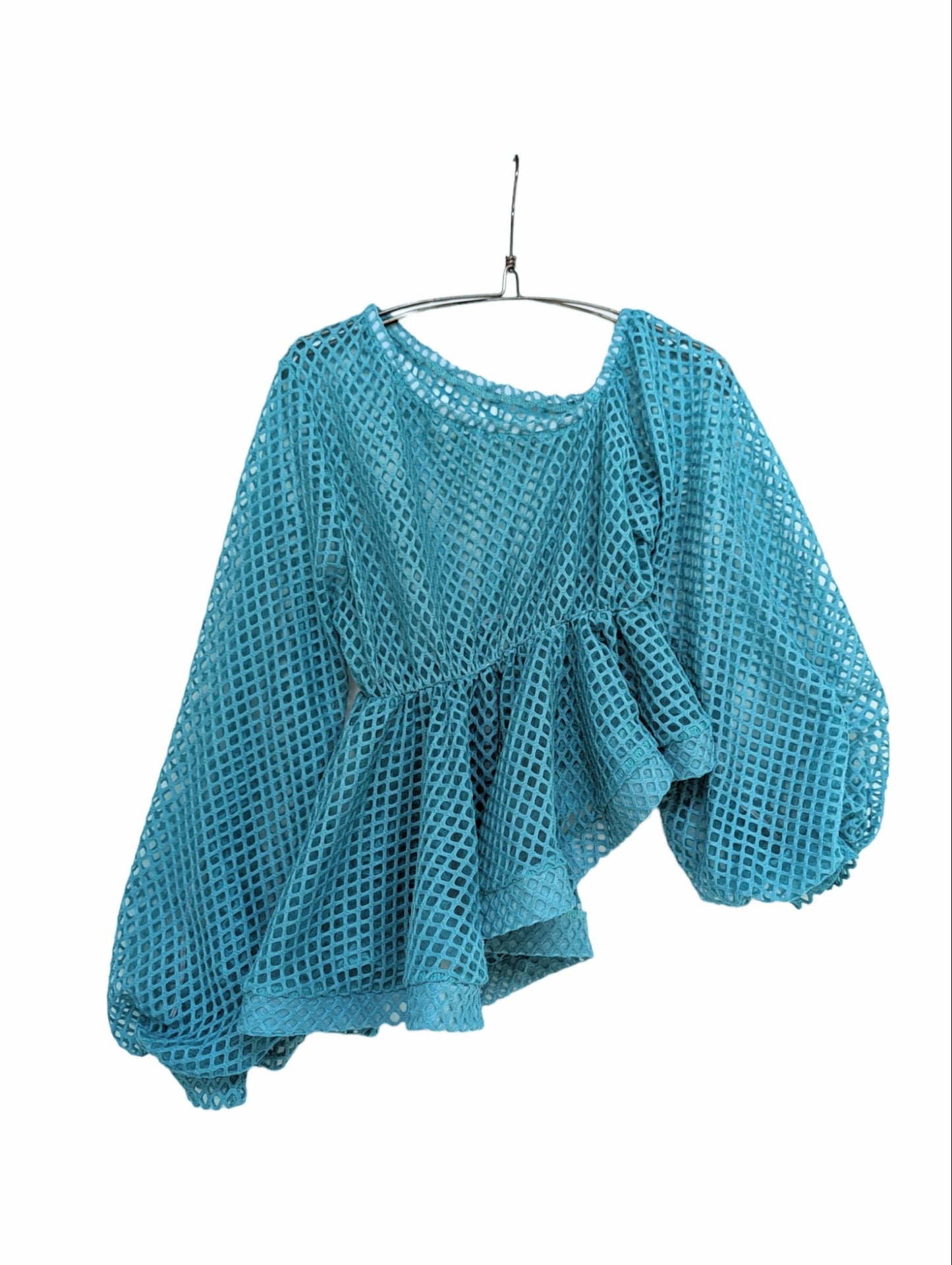 [3 colors] Asymmetrical volume sleeve mesh top