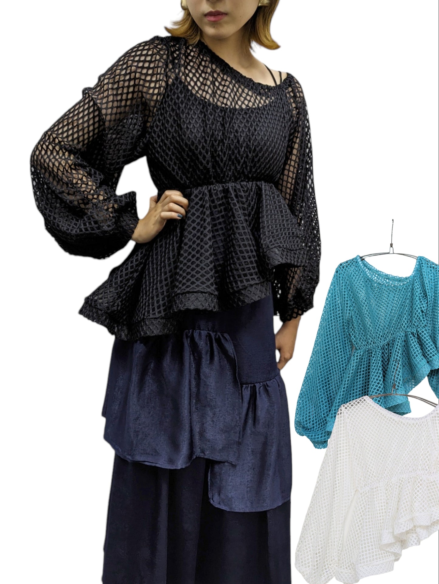 [3 colors] Asymmetrical volume sleeve mesh top