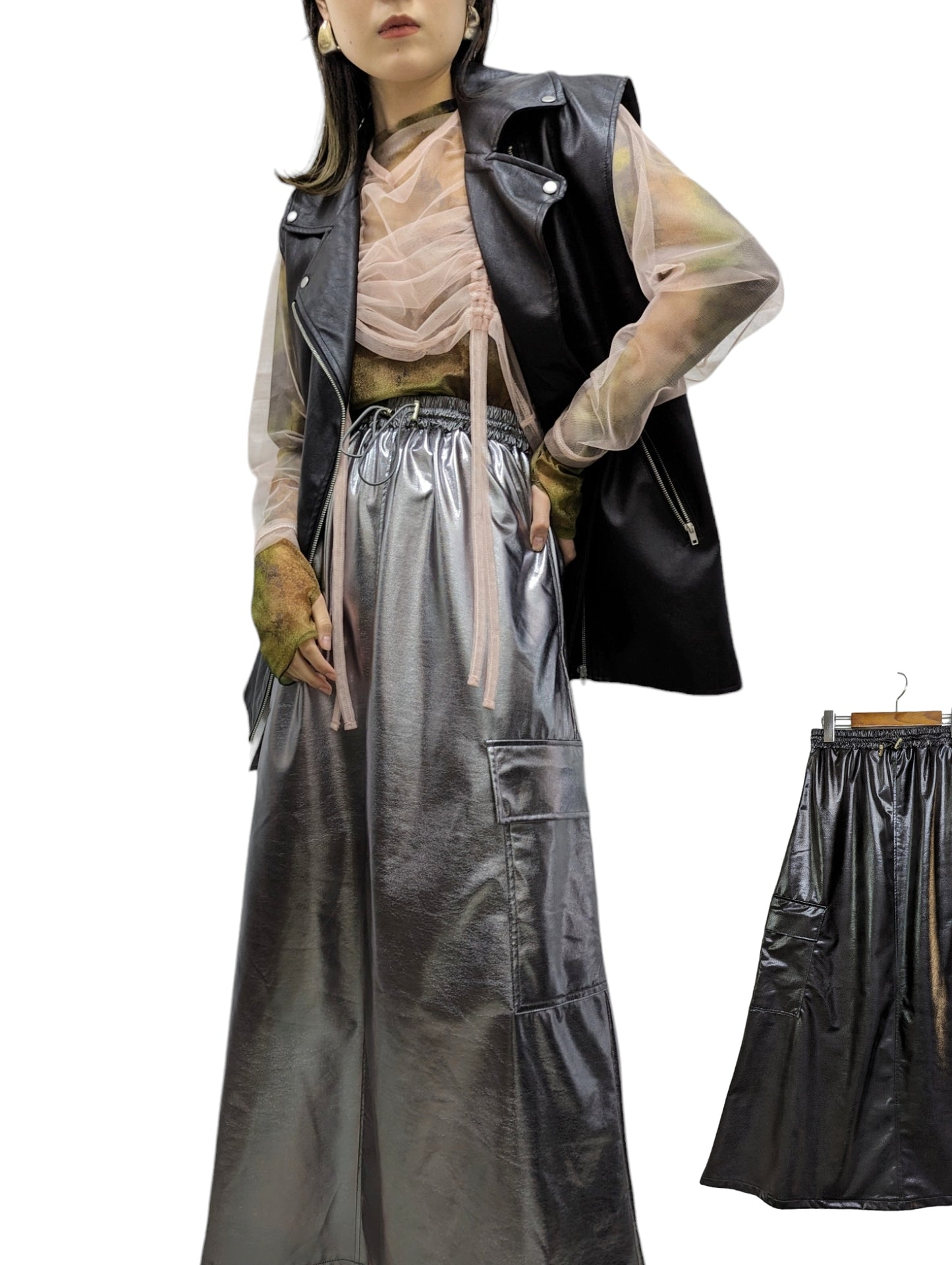 [2 colors] Metallic Cargo Skirt