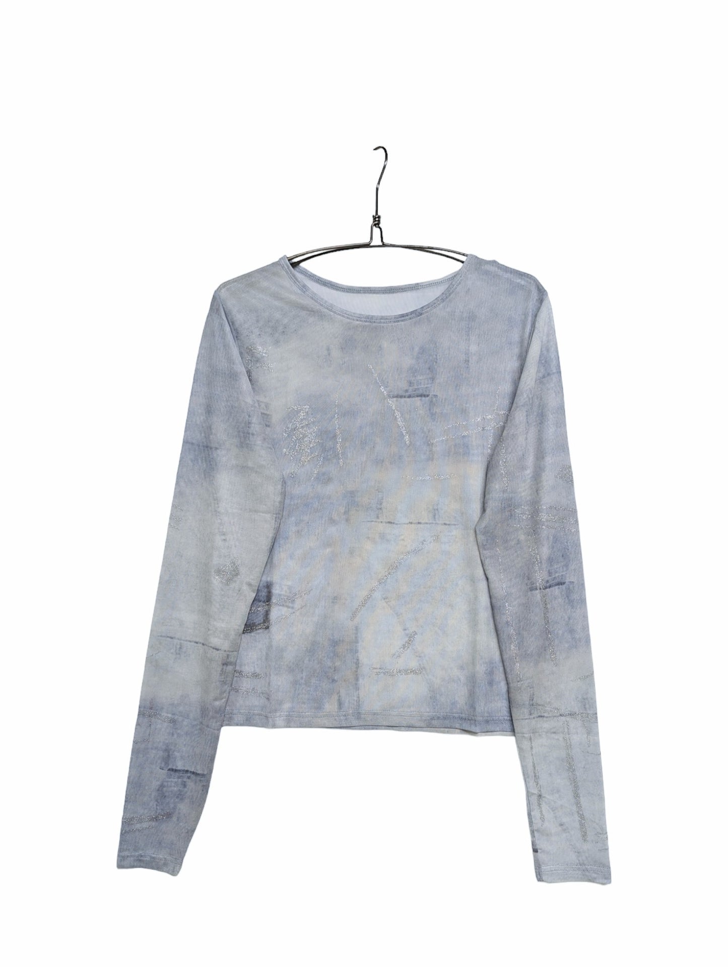 Lame Paint Design Sheer Top (Blue-Gray)