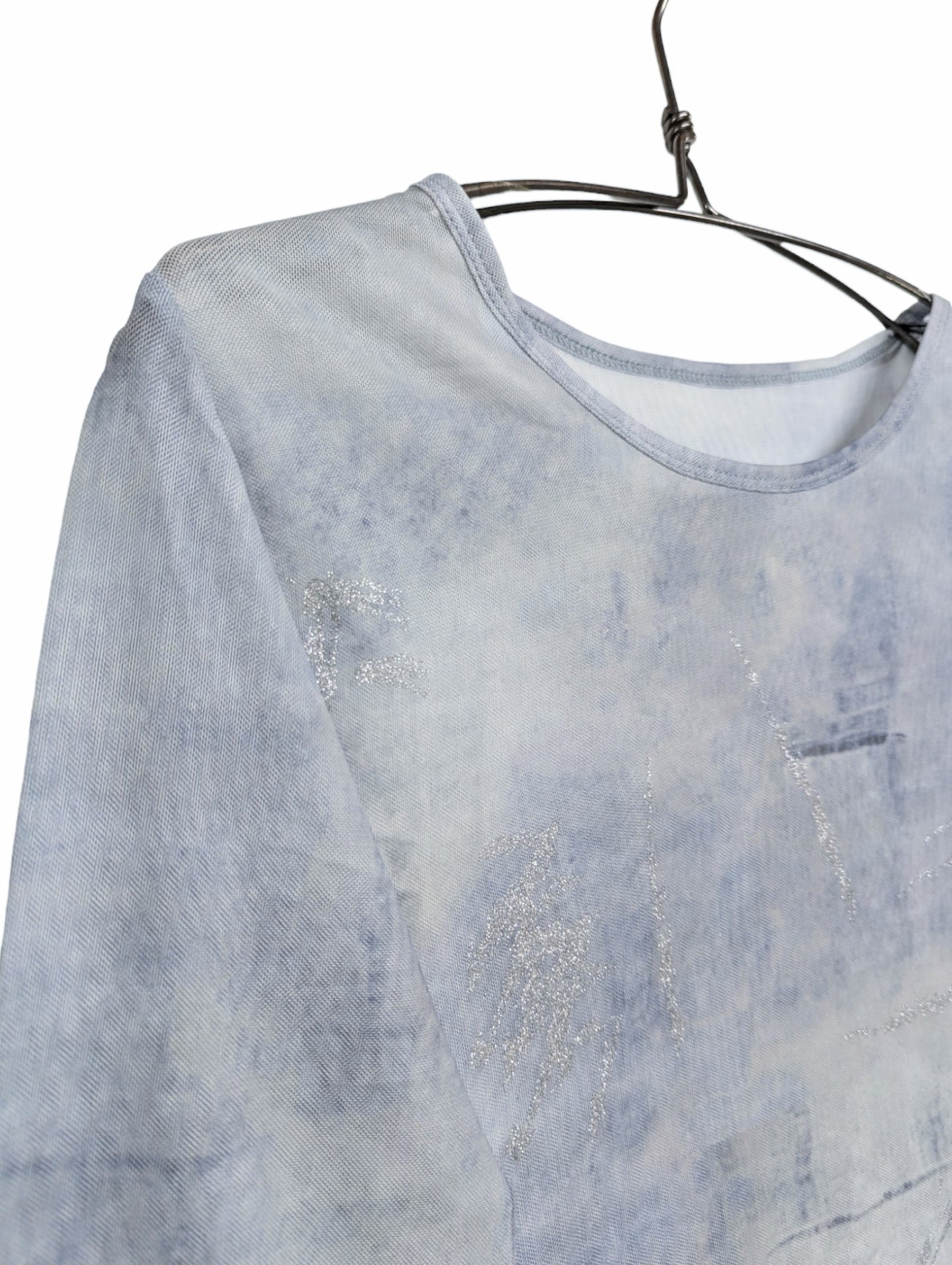 Lame Paint Design Sheer Top (Blue-Gray)