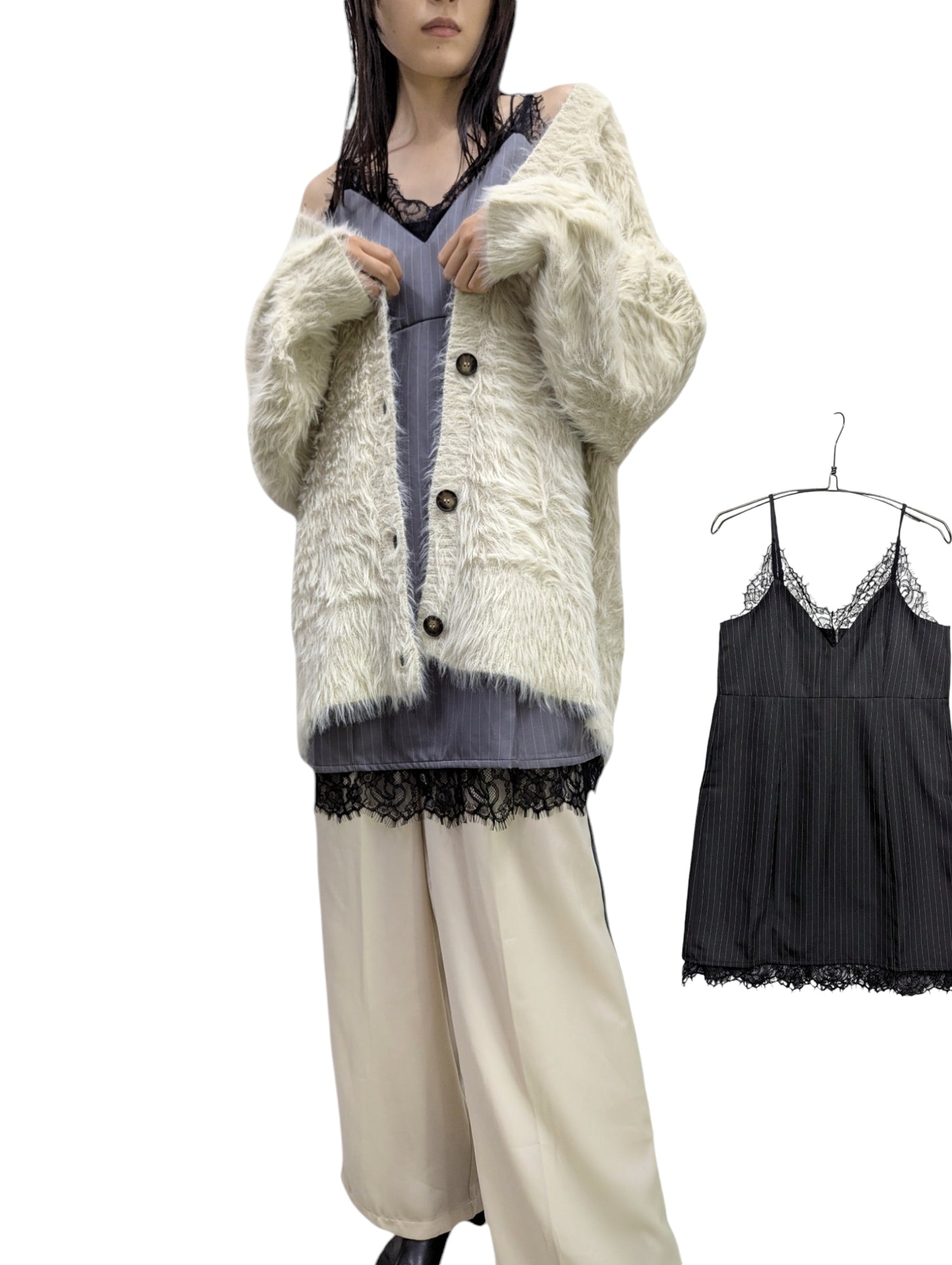 [2 Colors] Lace Stripe Gilet (Middle Length)