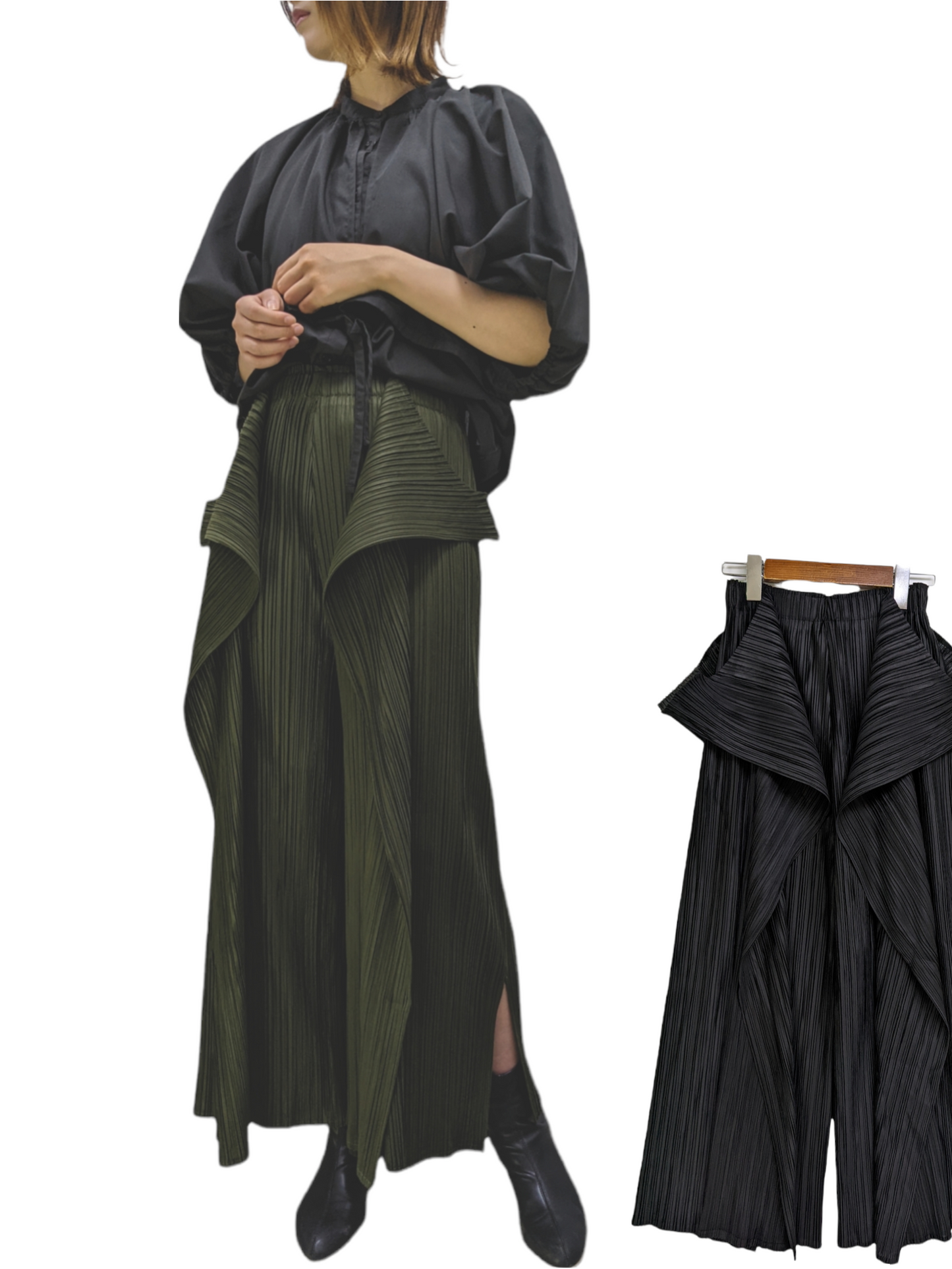 [2 Colors] Pleated Frilled Design Straight Pants