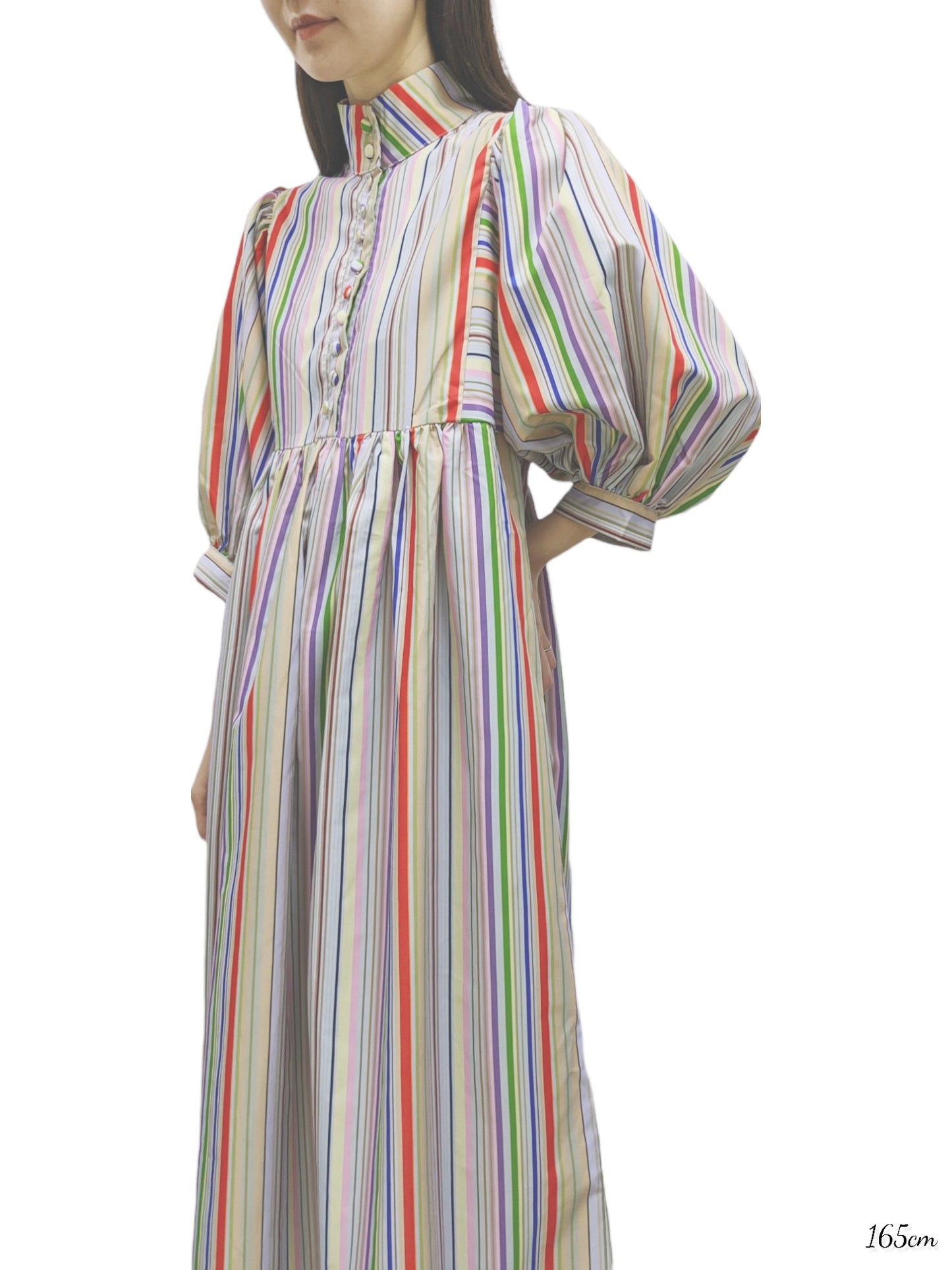 Color Stripe Volume Sleeve Dress